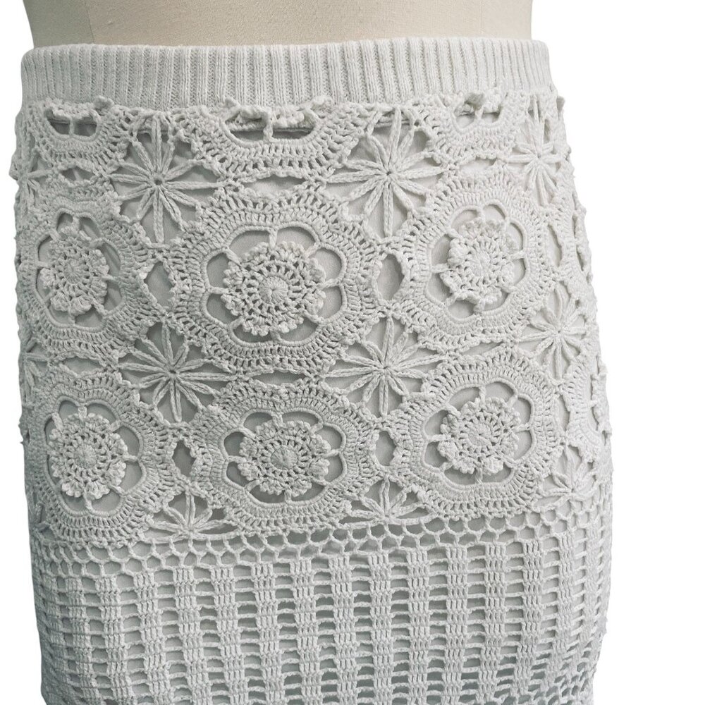 Boho Crochet Midi Skirt‎ White Floral Knit Lined 111 State XL Cottagecore - Picture 4 of 11